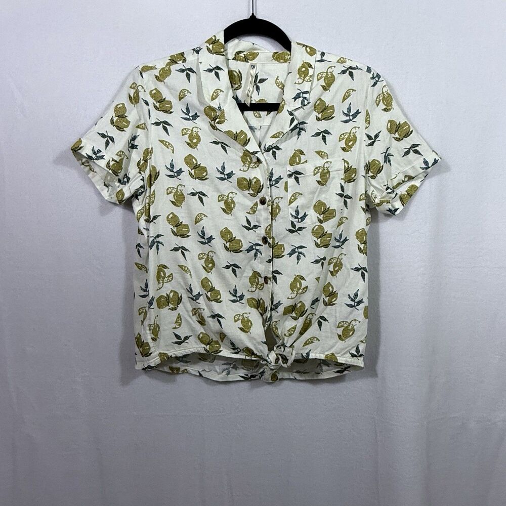 Kuhl Elsie Short Sleeve Button Up Tie Front Ivory Lemon Shirt Top Women's Size S